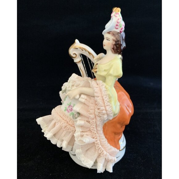 Unterweissbach Dresden Porcelain Lace Figurine Lady With Harp Germany Vintage - Picture 2 of 13